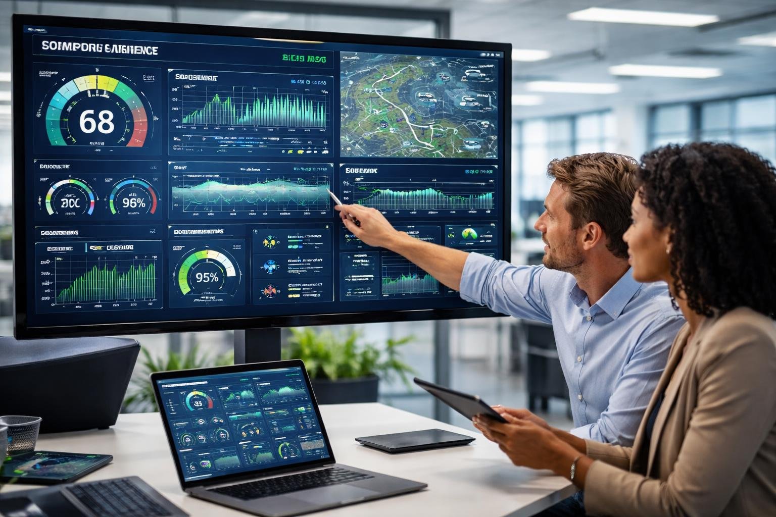 A group of professionals analyzing vehicle telematics data on digital screens and devices in a modern office.