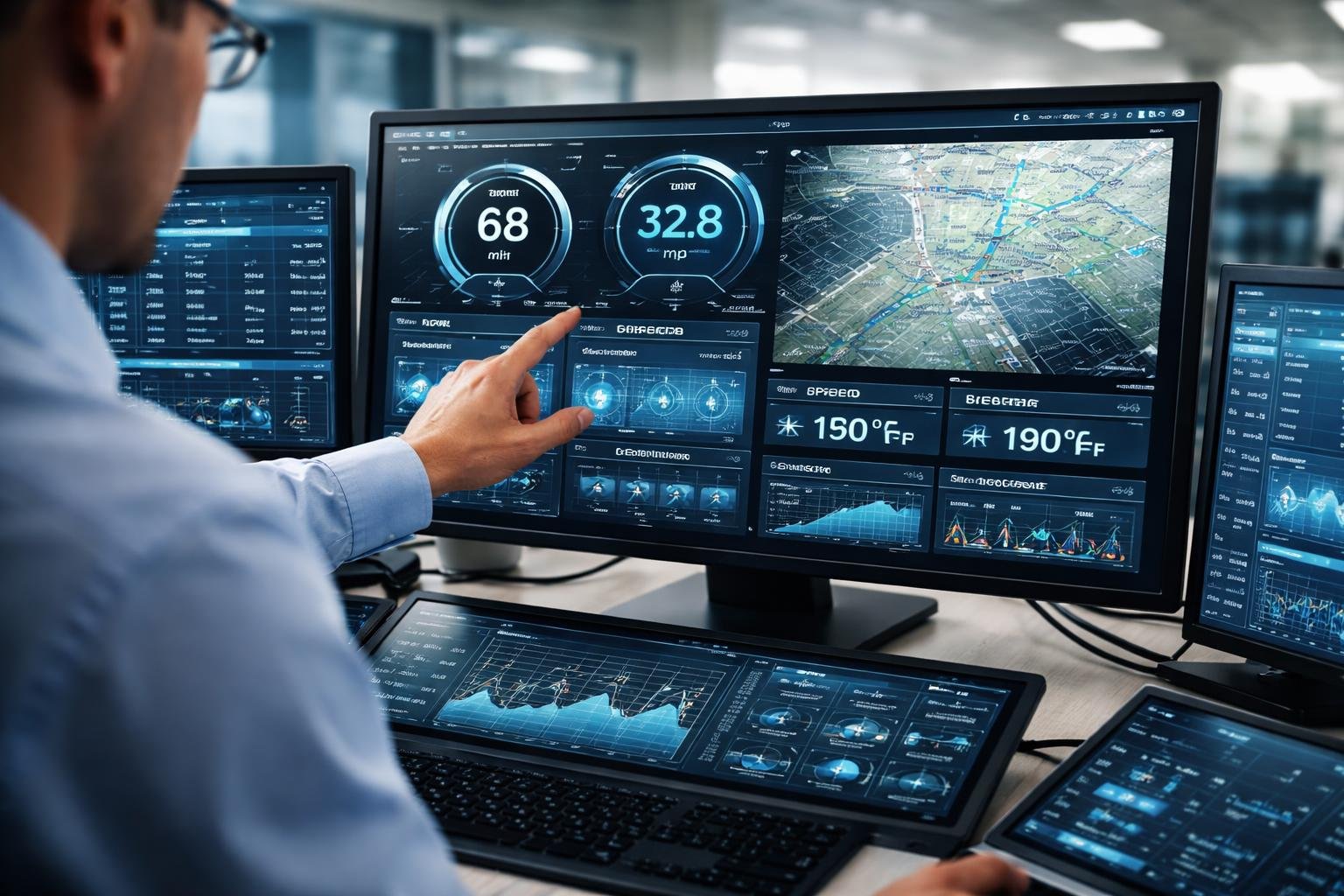A person analyzing vehicle telematics data on multiple digital screens showing speed, fuel efficiency, engine diagnostics, and GPS tracking in an office setting.