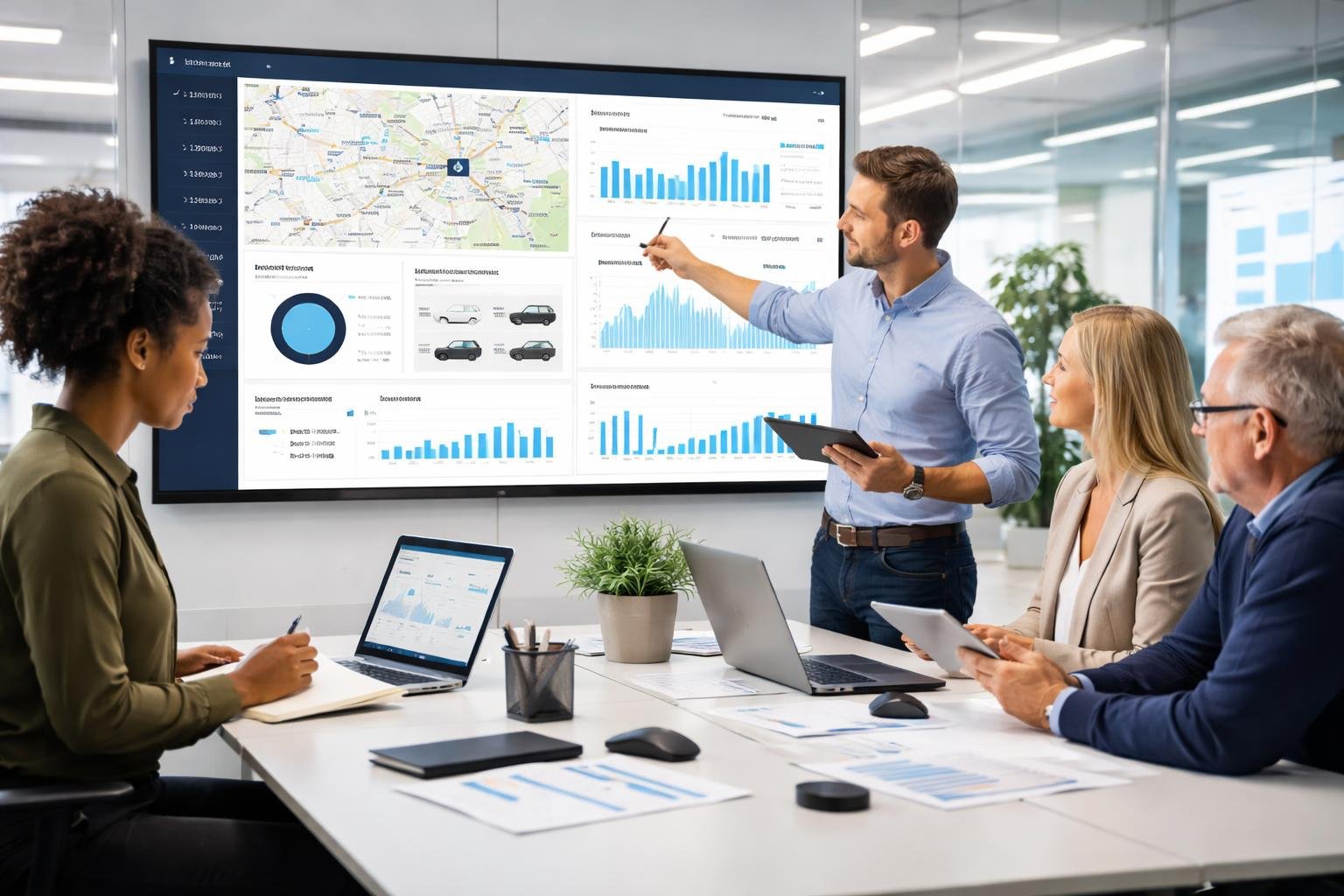 A group of managers in an office analyzing fleet data on digital screens while collaborating and discussing.