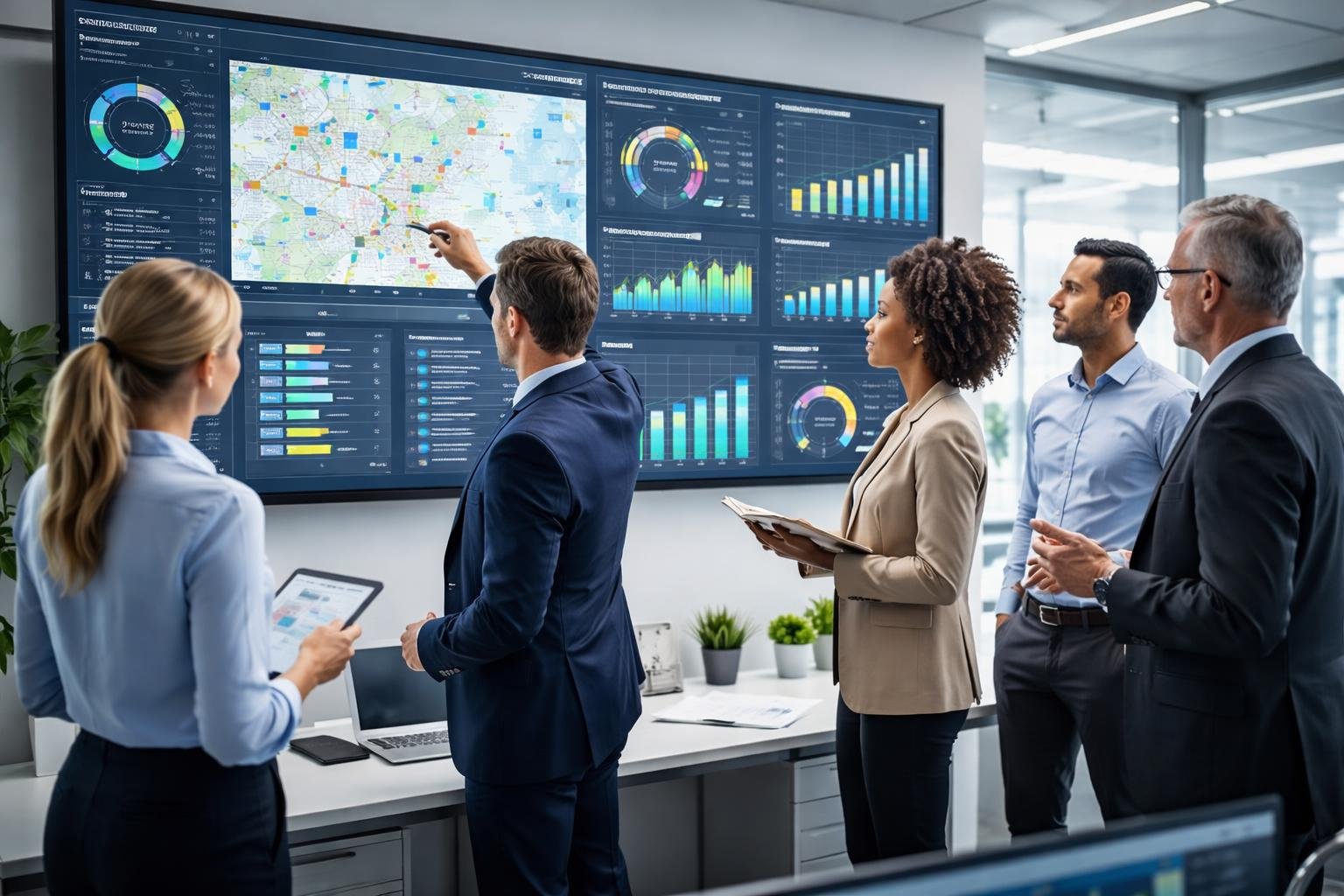 Managers analyzing fleet data on large digital screens in a modern office setting.