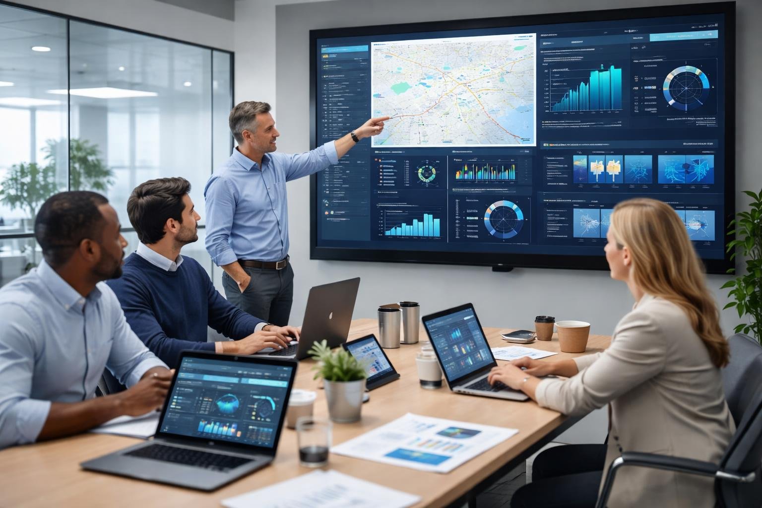 Managers collaborating around a conference table reviewing fleet data visualizations on digital devices and a large screen.