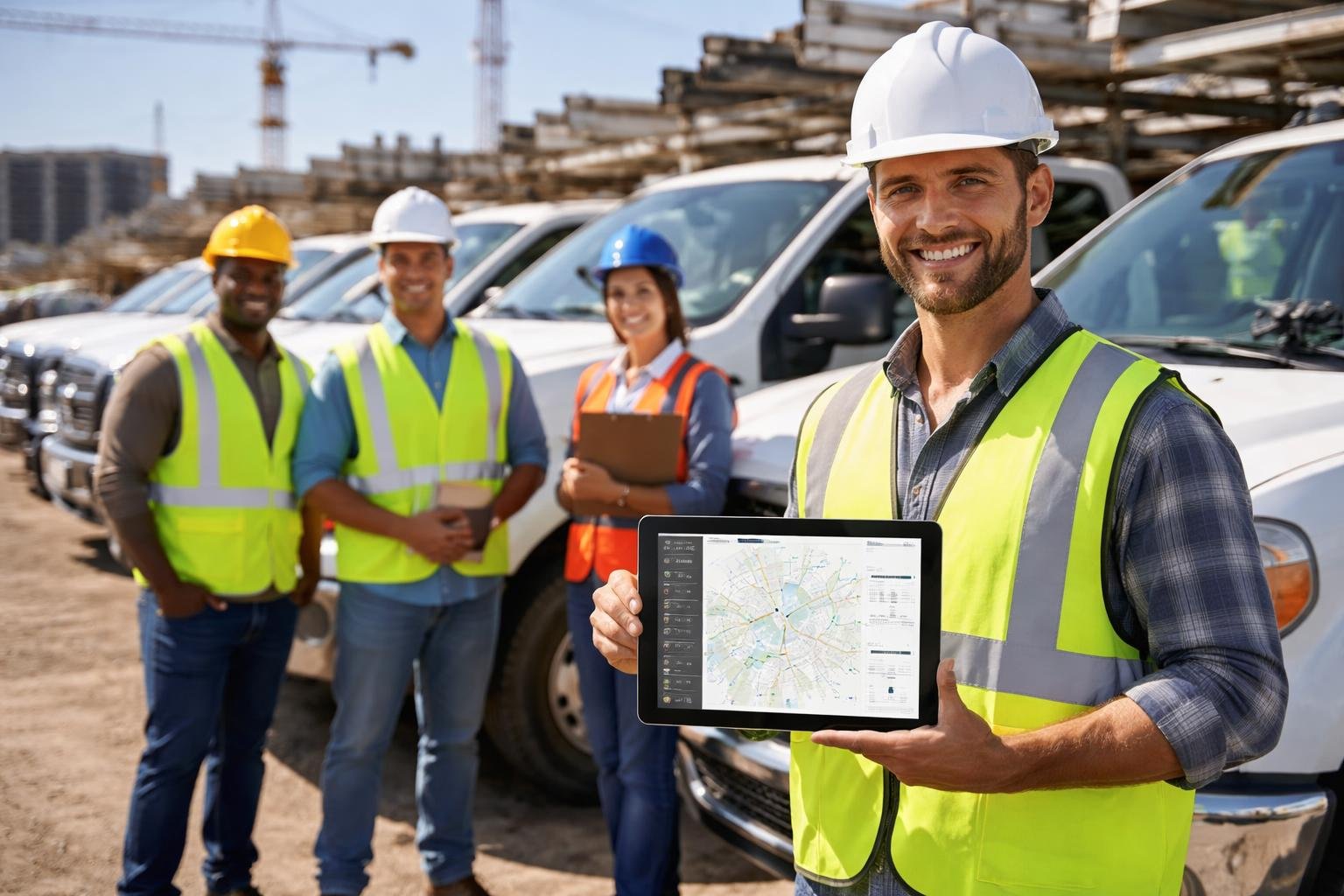 Contractors in safety gear standing by work trucks with a tablet showing a fleet management dashboard at a construction site.