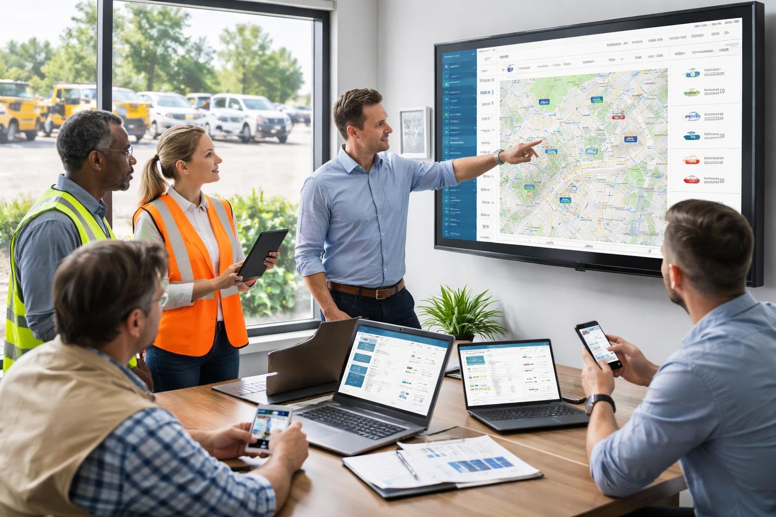 A group of contractors and fleet managers reviewing real-time vehicle tracking data on a large touchscreen in a modern office, with construction trucks visible outside.