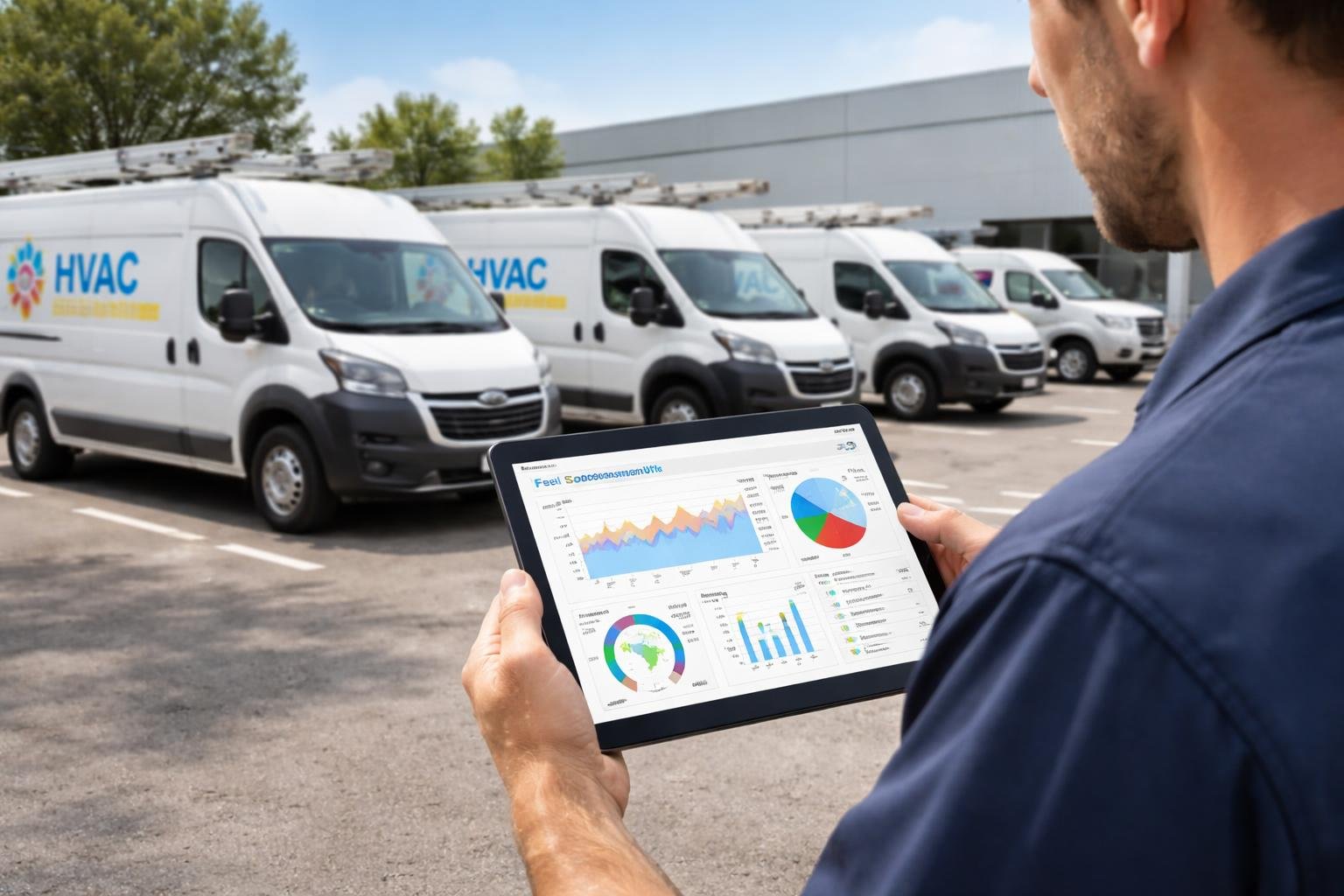 A technician uses a digital tablet to monitor fuel consumption data in front of a row of HVAC service vans parked outside a commercial building.