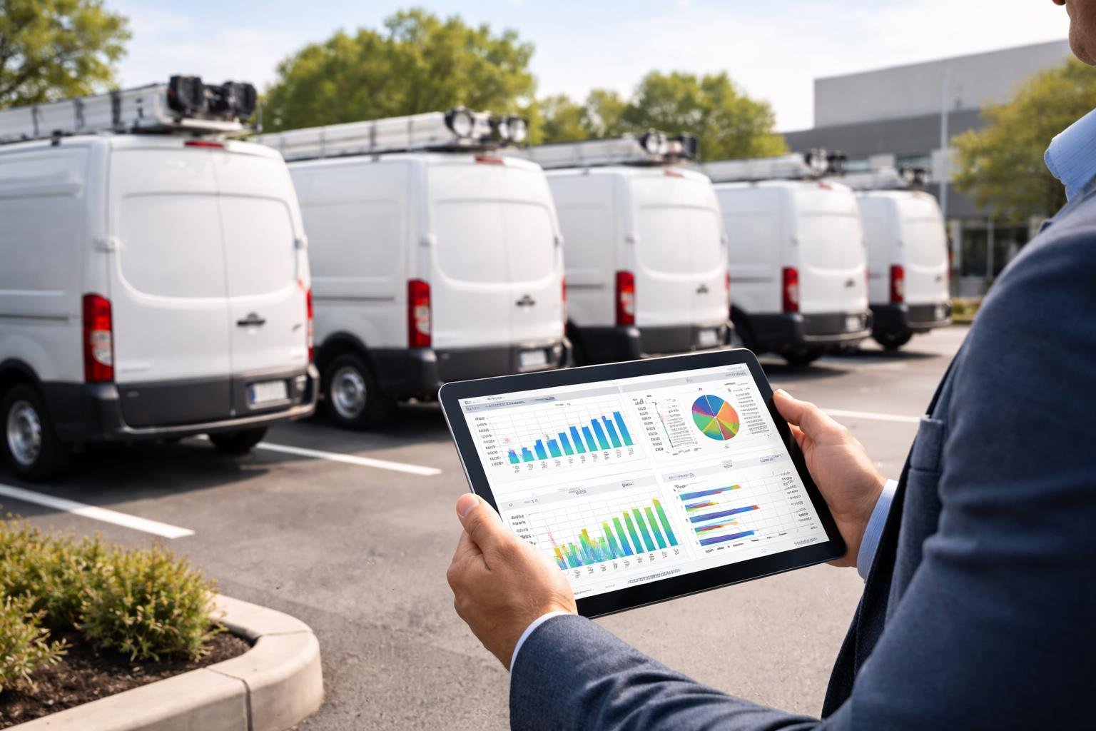A business professional reviewing fuel consumption data on a tablet in front of a row of HVAC service vans parked outside a commercial building.