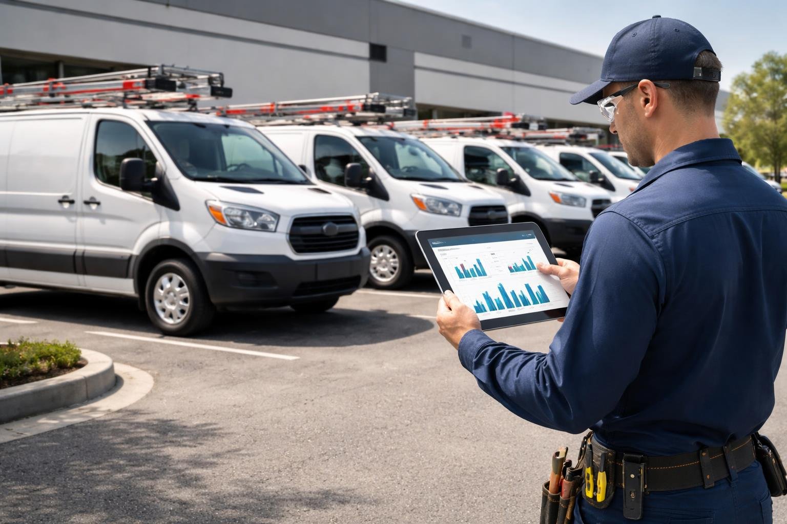 HVAC technician using a digital tablet near a fleet of HVAC service vans parked outside a commercial building.