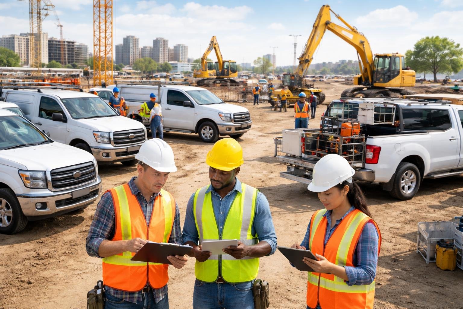 Contractors managing a fleet of construction vehicles and equipment at an active construction site.