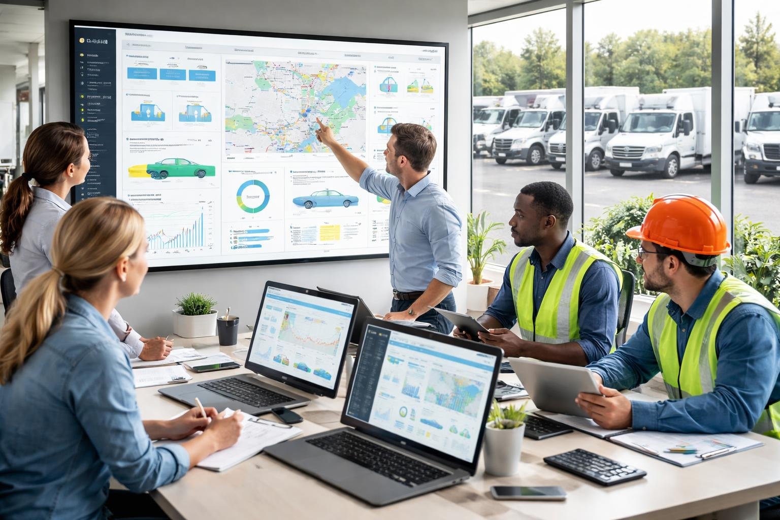 A group of fleet managers and contractors collaborating around digital screens displaying fleet data, with contractor vehicles parked outside visible through large windows.