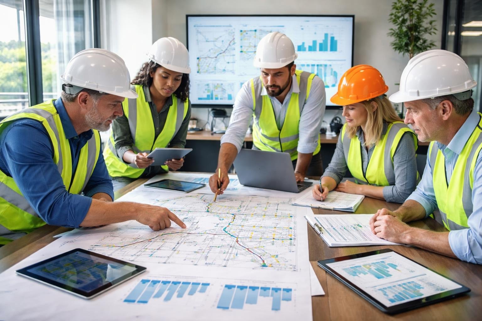 Contractors in safety gear collaborating around a table with blueprints and digital devices, discussing fleet productivity strategies in an office.
