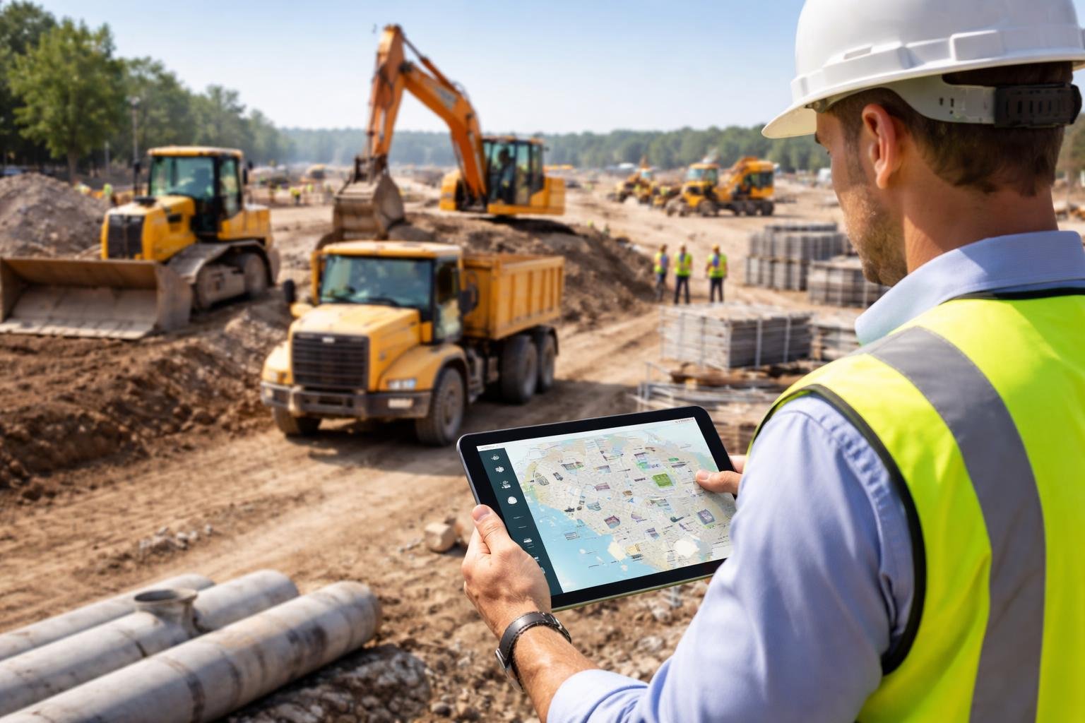 A construction manager uses a digital tablet to monitor heavy machinery at an active construction site.