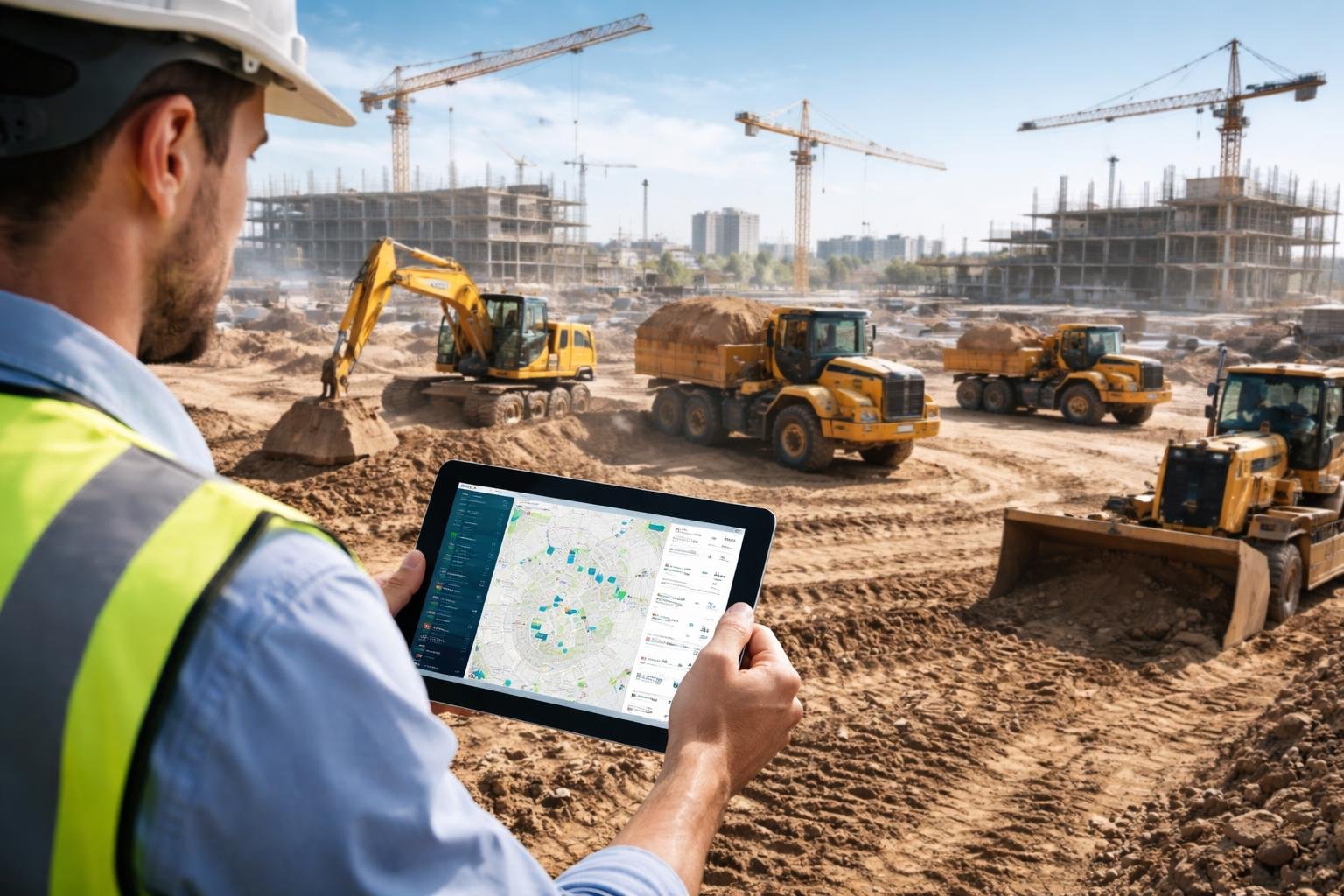 A construction manager using a tablet to track a fleet of construction vehicles at an active construction site.
