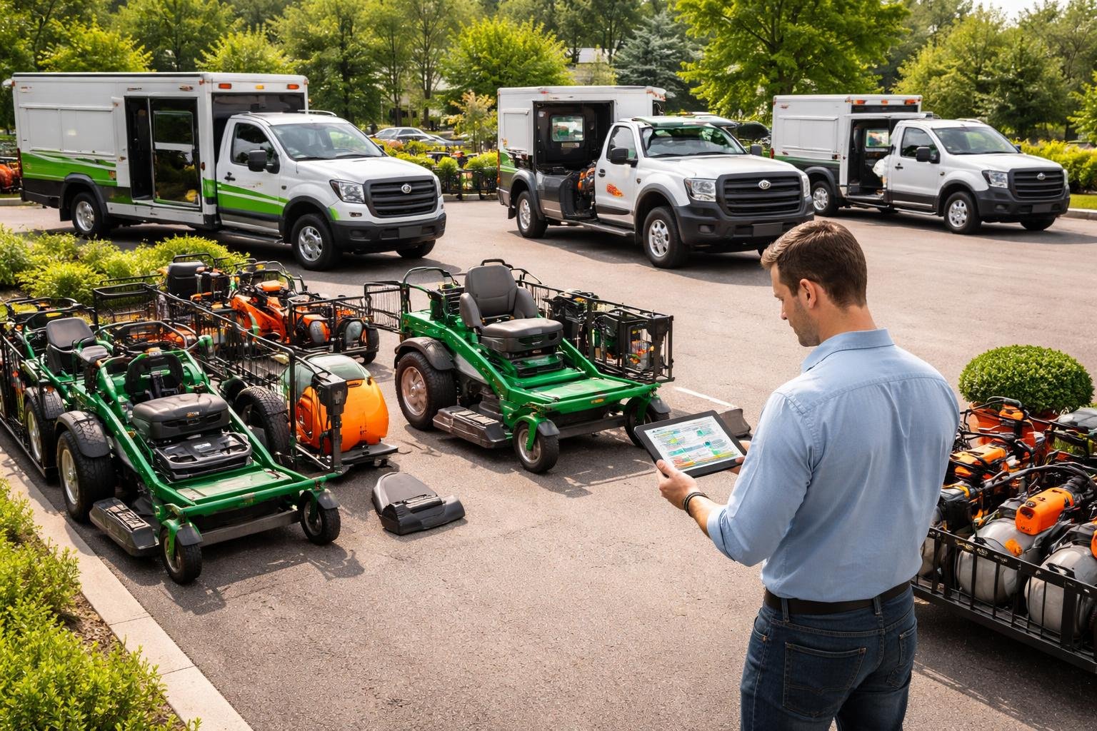 A fleet manager reviews maintenance data on a tablet while landscaping trucks and equipment are parked and organized outdoors.
