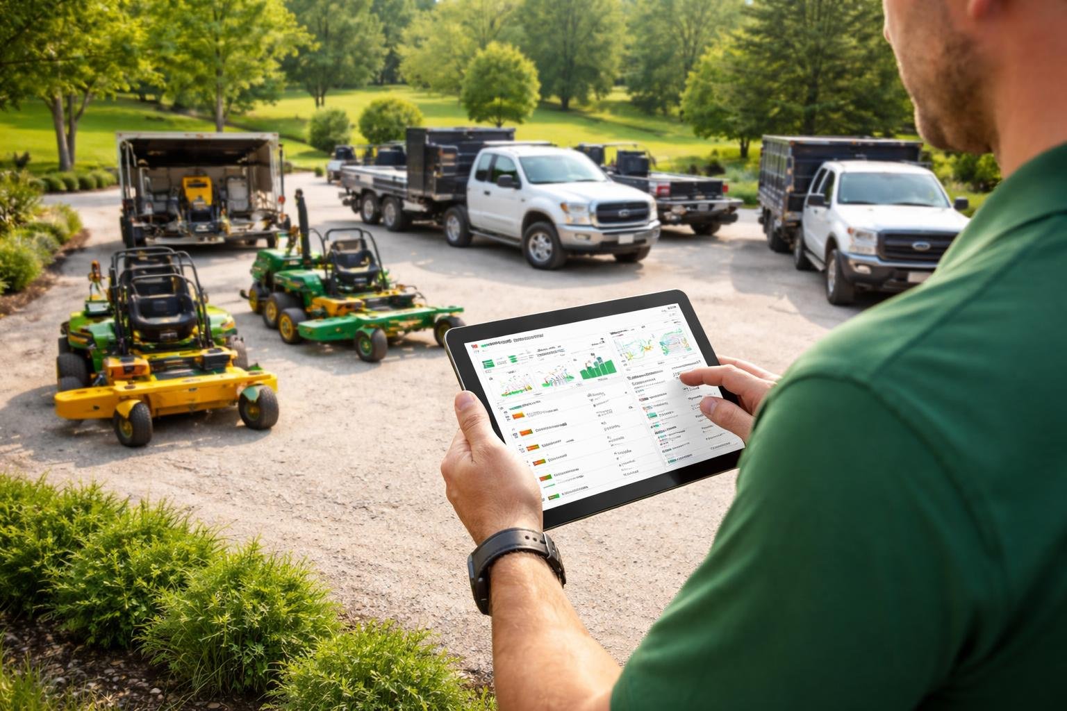 A person using a tablet to manage landscaping vehicles parked outdoors near green trees and trimmed grass.