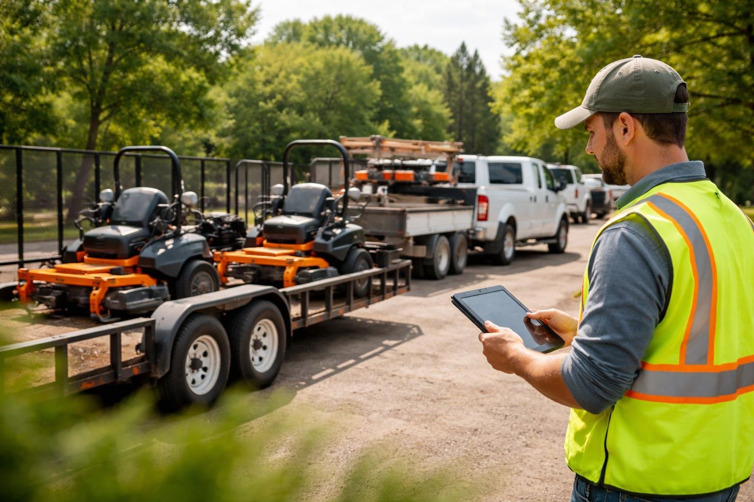 A person inspecting landscaping vehicles parked outdoors with trees in the background.