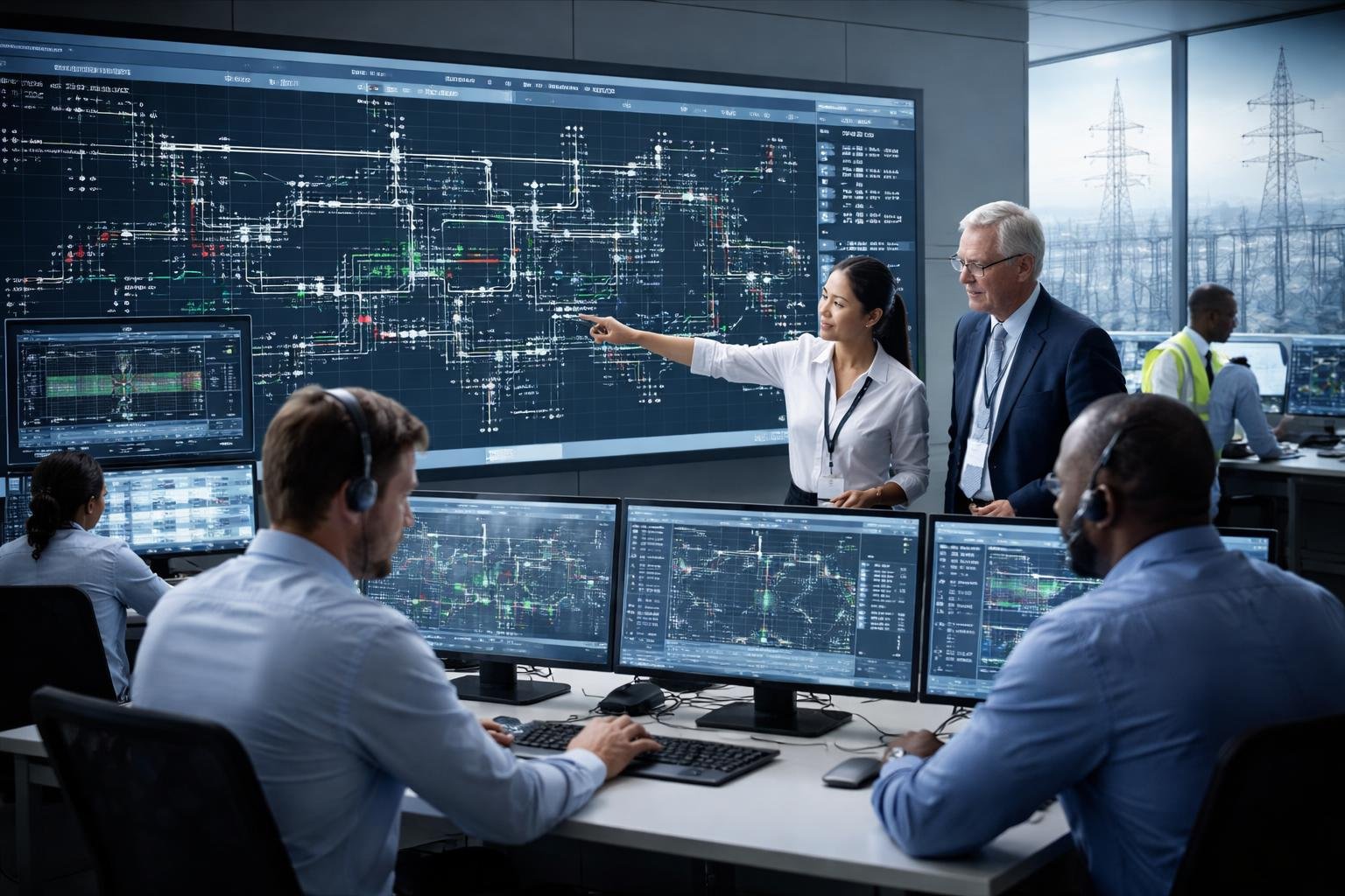 Engineers and dispatch operators working together in a control room with large digital screens showing electrical grid data and network diagrams.