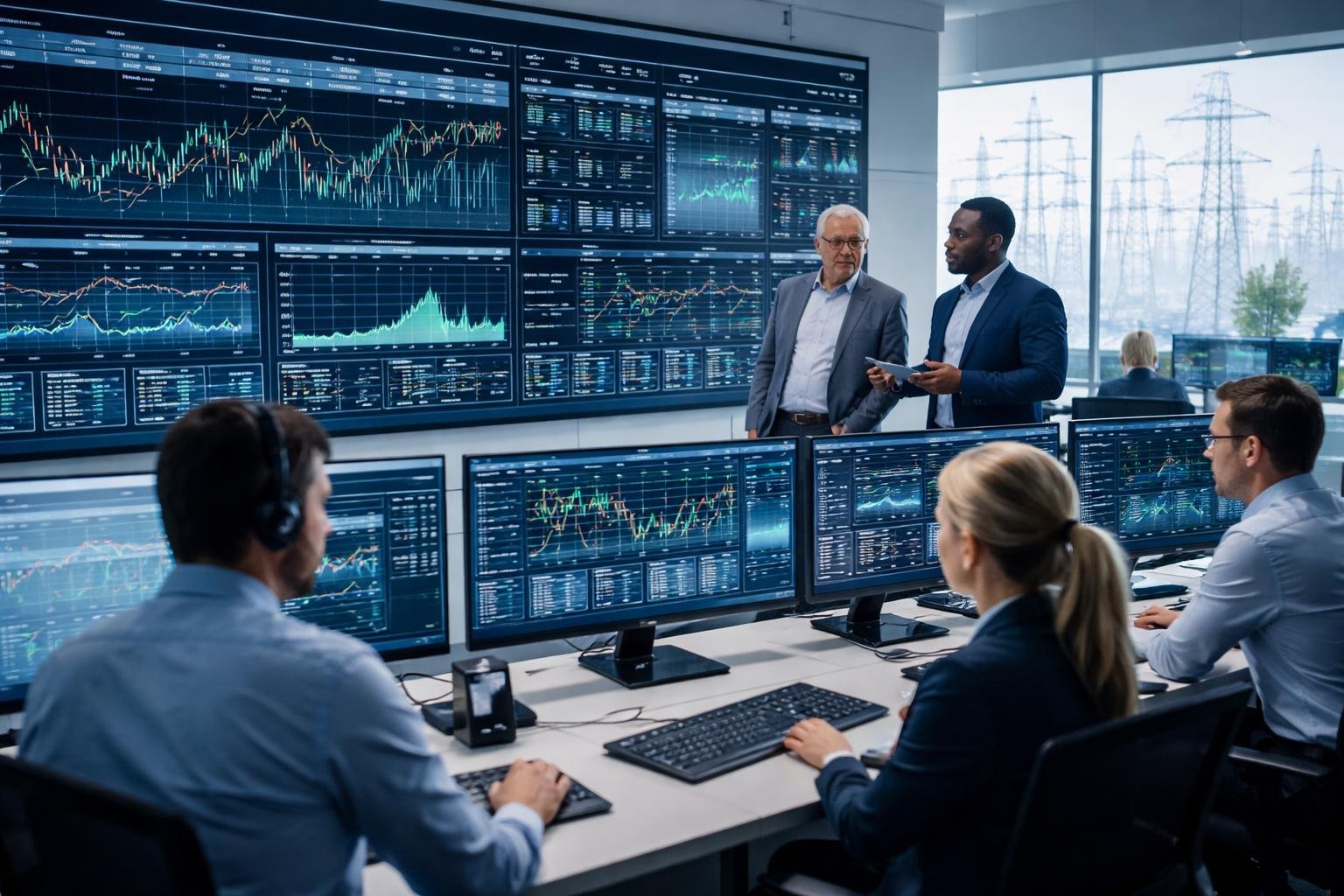 Engineers in a control room monitoring digital screens with electrical grid data and charts, surrounded by computers and communication equipment.