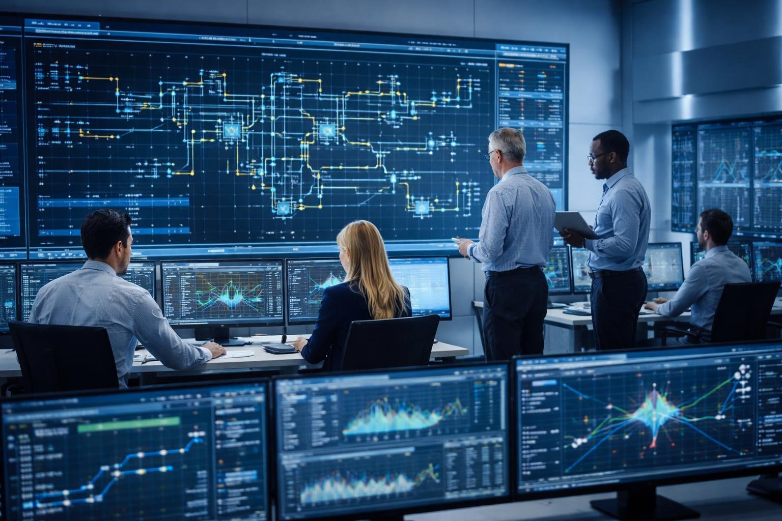 Engineers monitoring electrical grid data on large digital screens in a modern control room.