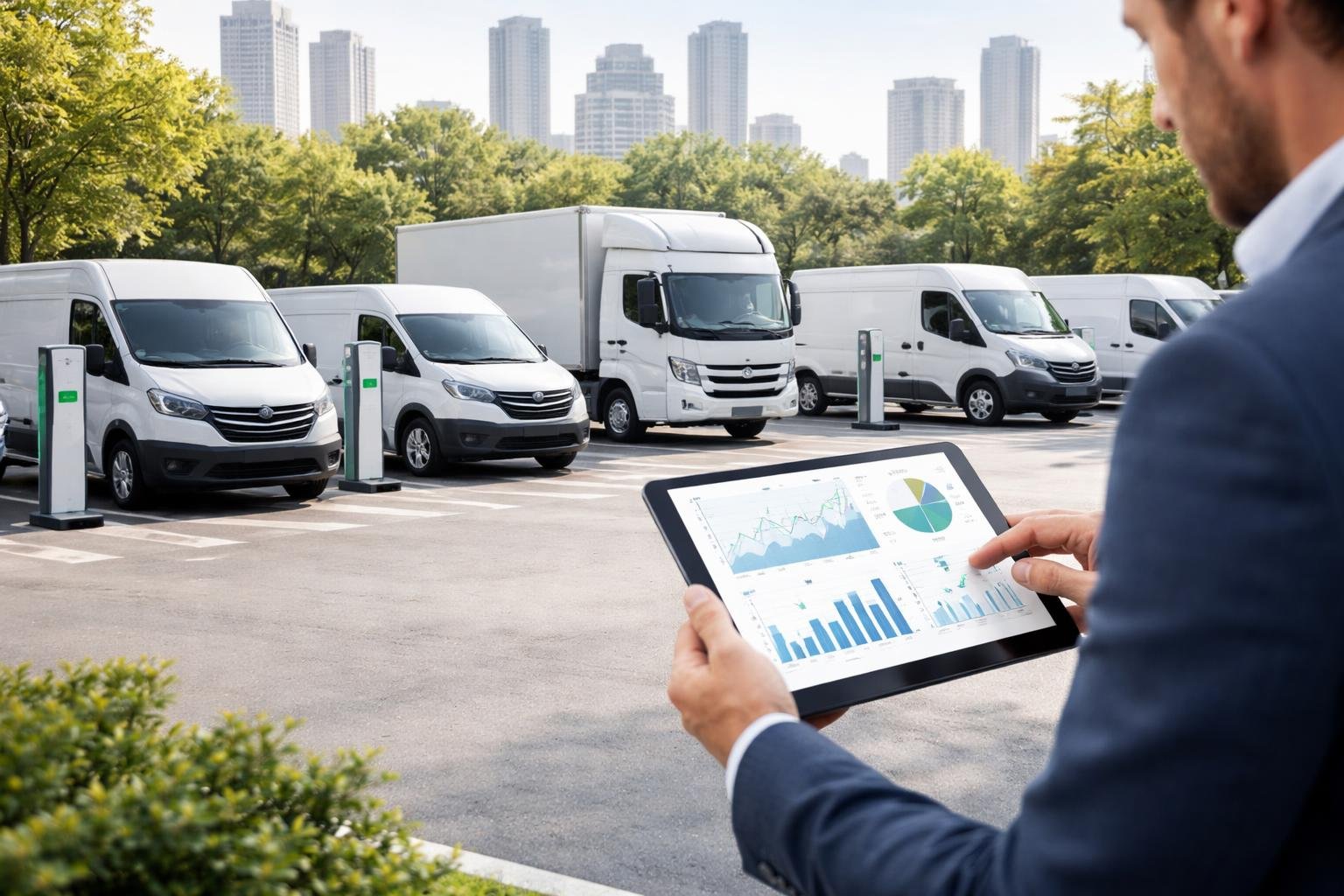 A business professional reviews digital charts on a tablet near a fleet of electric vans and trucks parked at charging stations in a city parking lot.