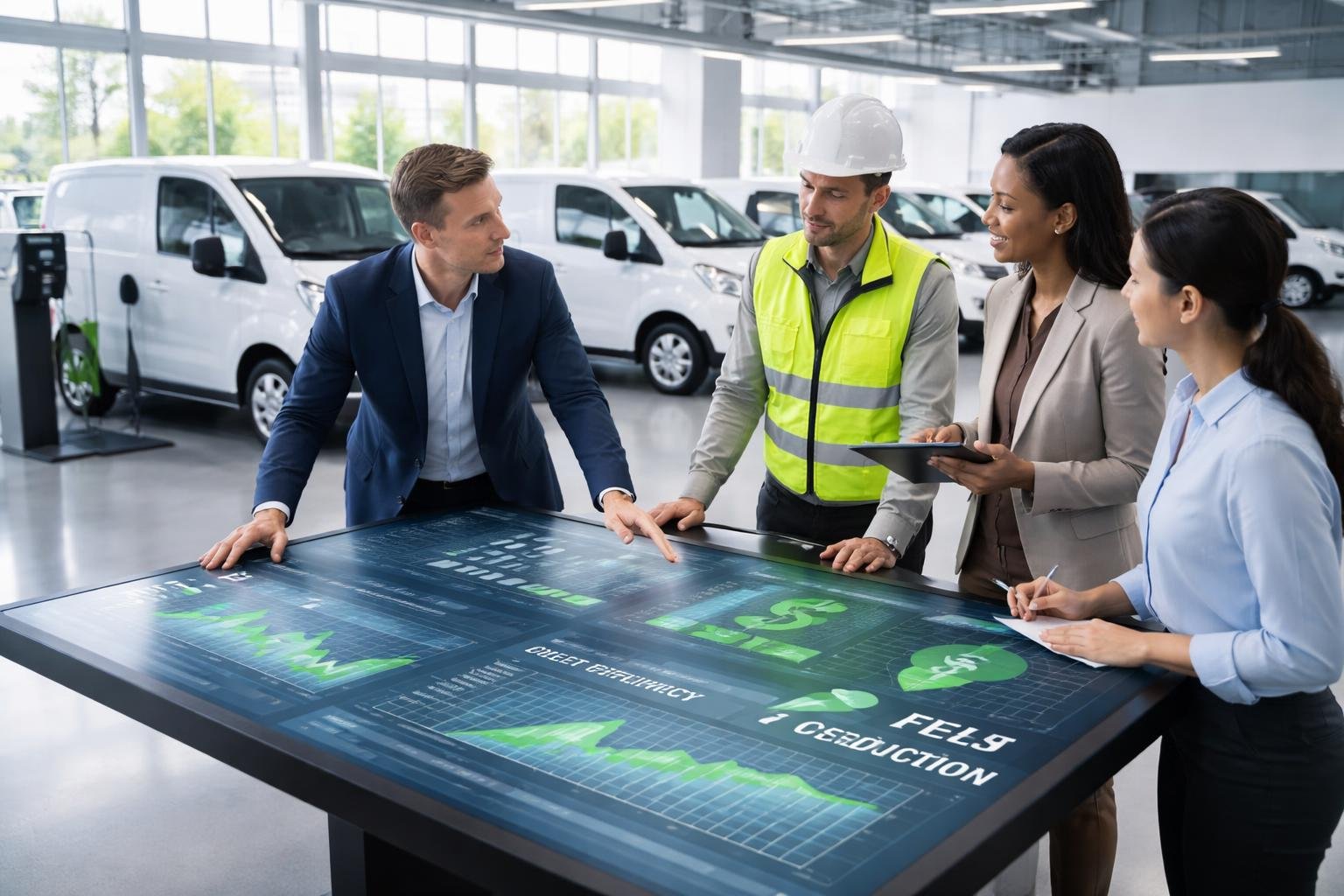 Business professionals reviewing data around a digital table with electric utility vehicles and charging stations visible in the background.