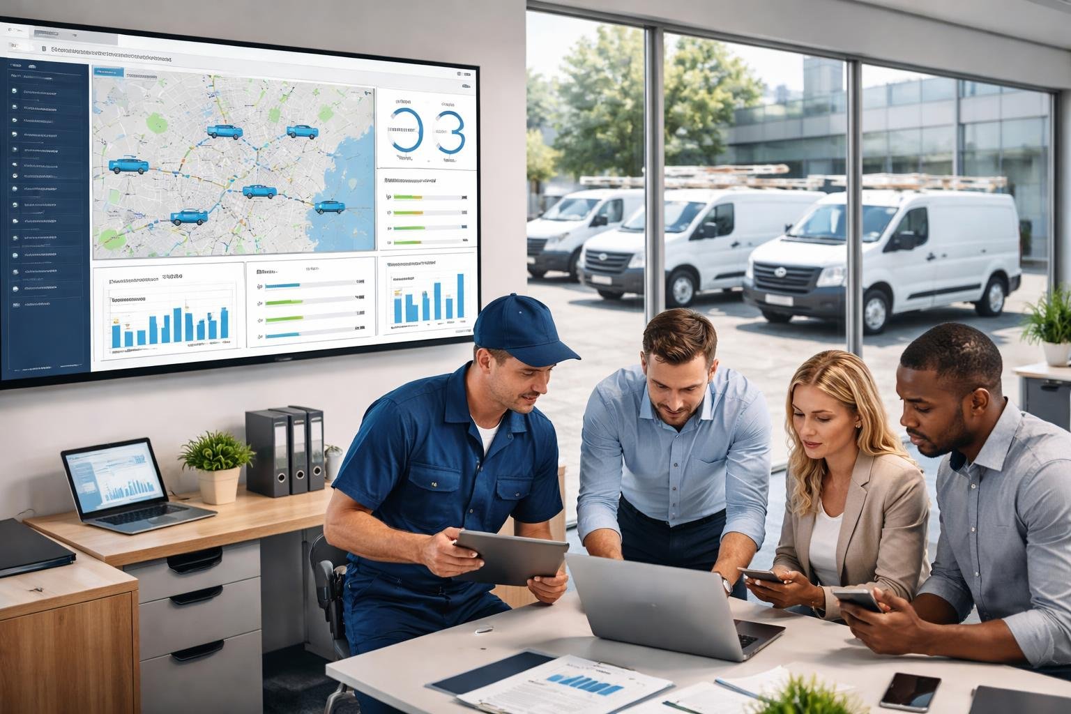 A team of professionals discussing plumbing fleet management with digital dashboards and plumbing service vans visible outside the office window.