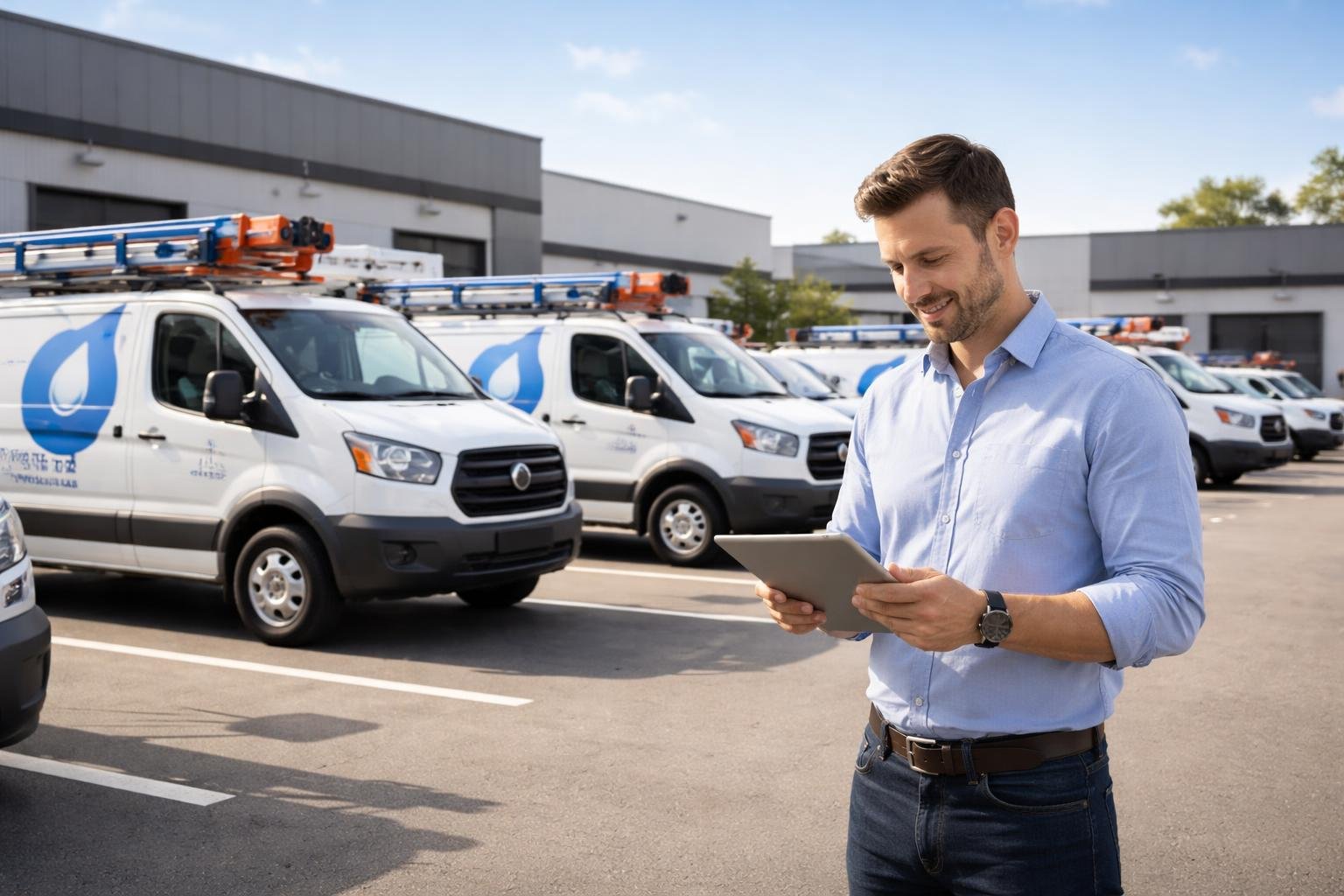 A fleet manager with a tablet stands near several parked plumbing service vans in a clean parking lot outside a service center.