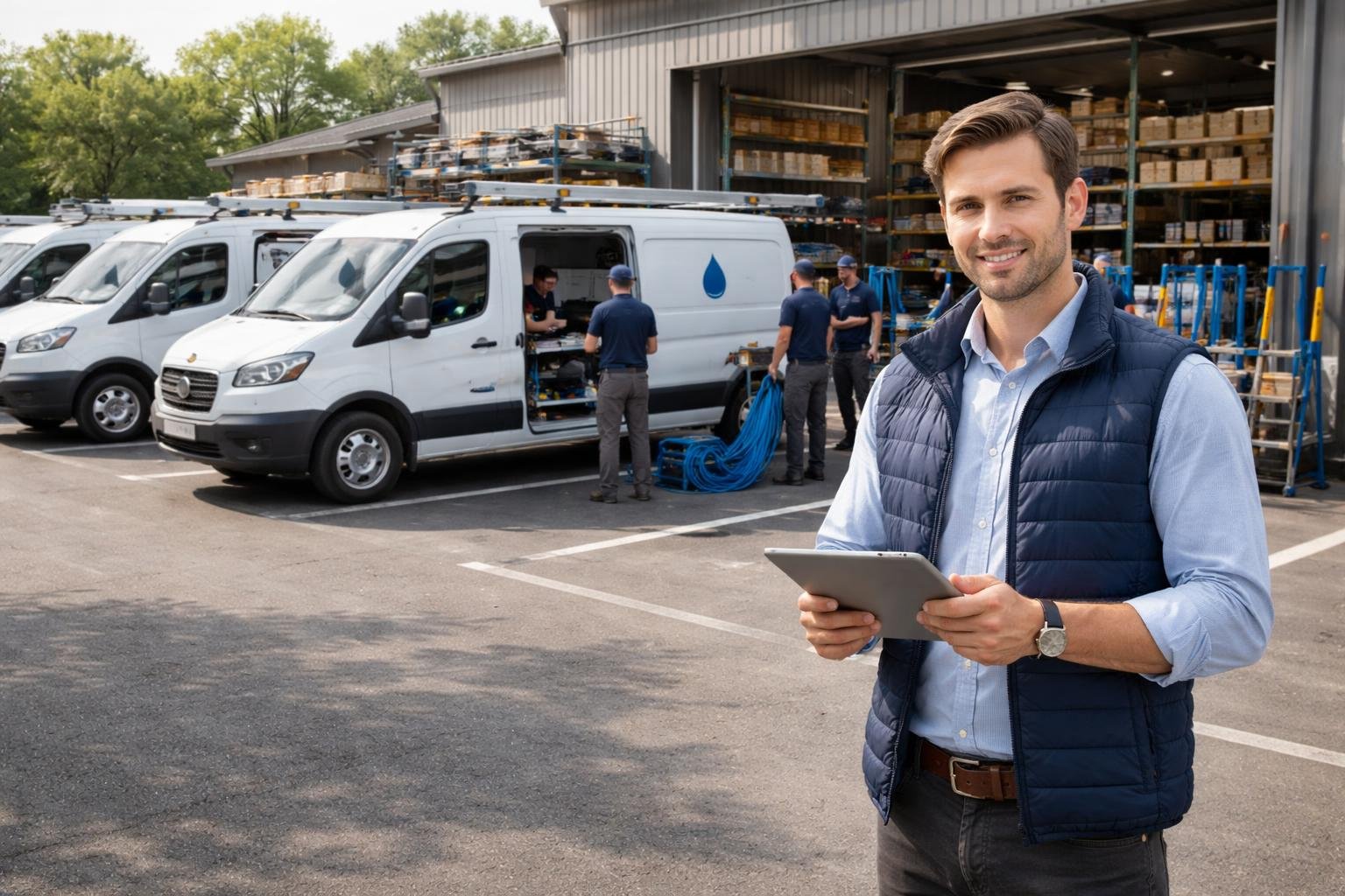 A fleet manager with a tablet oversees uniformed plumbers preparing plumbing vans and equipment in a parking lot outside a supply warehouse.