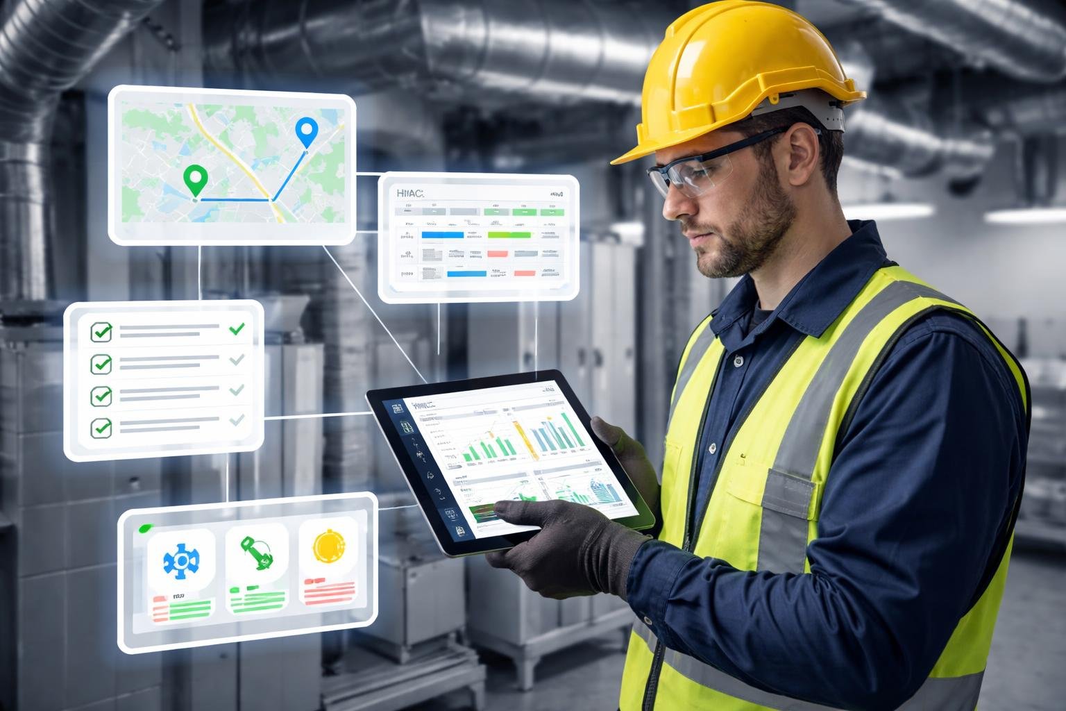 An HVAC technician using a digital tablet to monitor tracking data near HVAC equipment in a commercial setting.