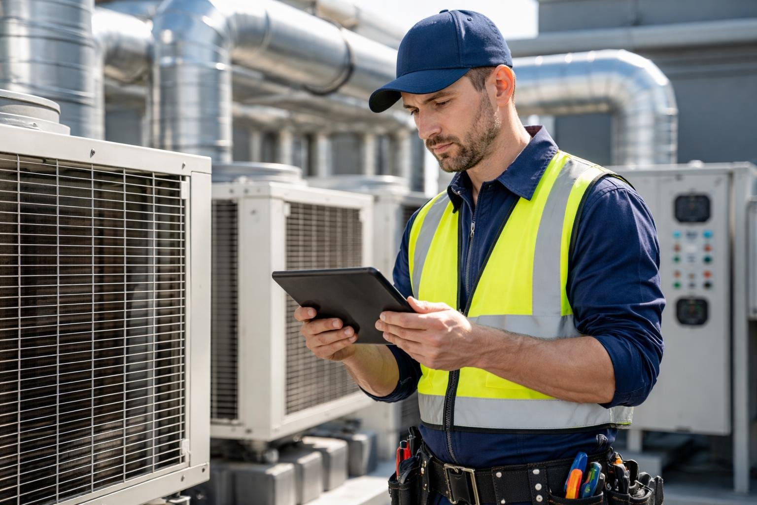 An HVAC technician wearing safety gear uses a tablet to inspect HVAC equipment inside a building.