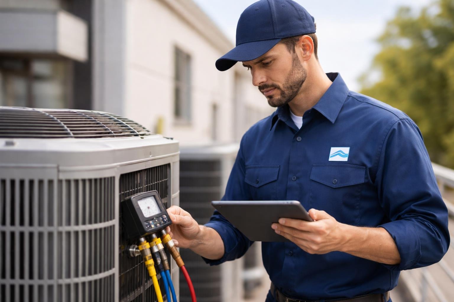 An HVAC technician in uniform using a tablet and diagnostic tool to inspect an air conditioning unit outside a building.