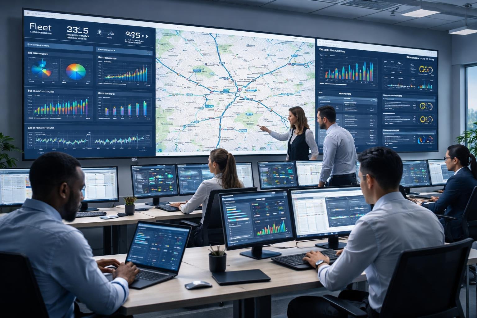 A team of professionals monitoring real-time fleet telematics data on multiple large screens in a control room.