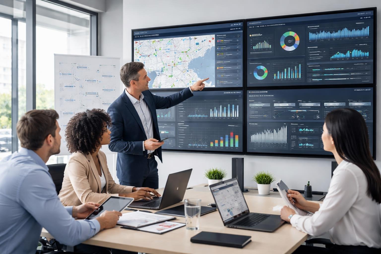 A group of professionals in an office analyzing fleet telematics data on multiple large screens showing graphs and vehicle locations.