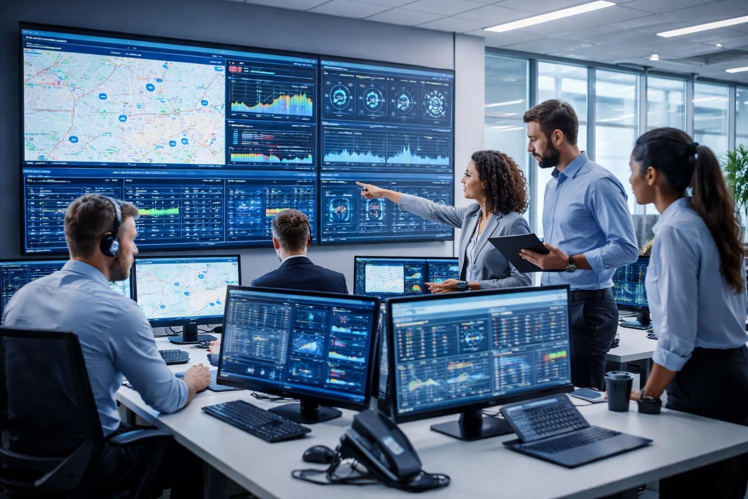 A team of professionals working in a modern office, analyzing fleet telematics data on multiple large digital screens.