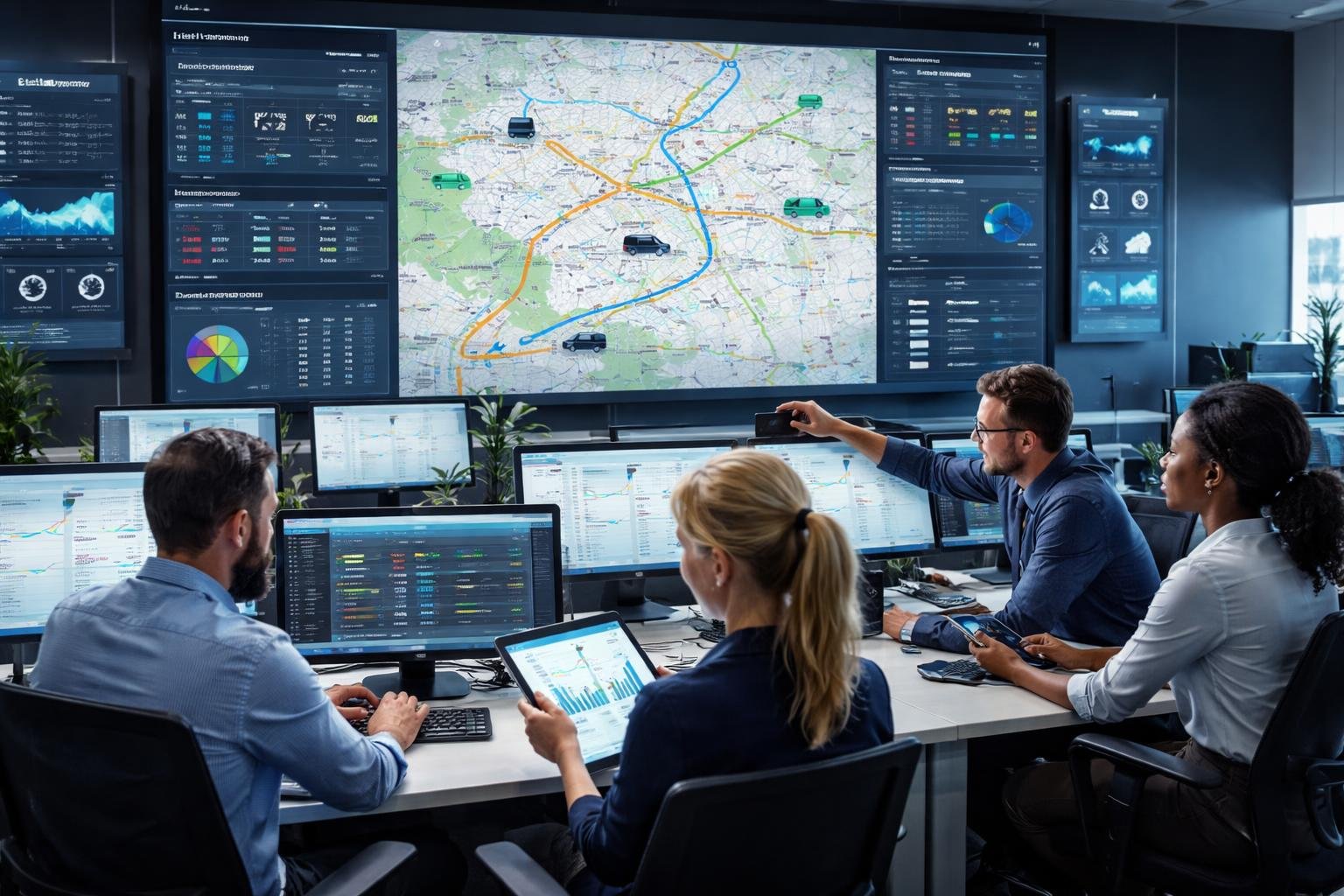 A team of professionals in a control room analyzing digital maps and vehicle tracking data on large screens and computers.