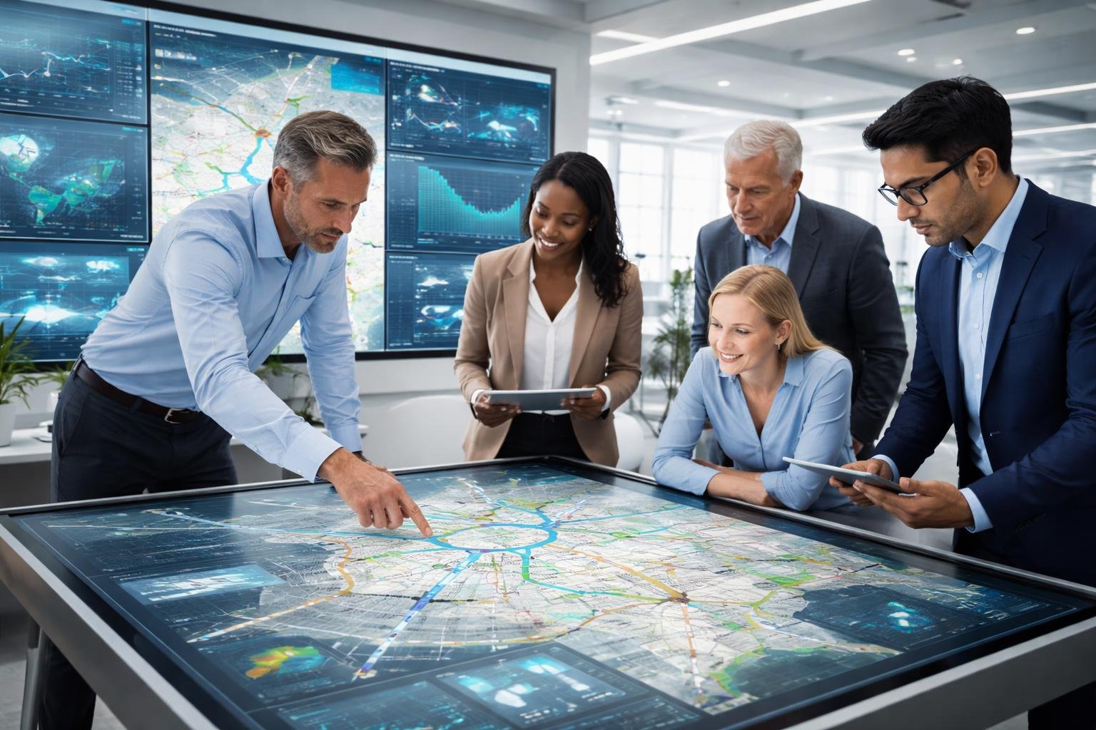 Business professionals collaborating around a digital table displaying maps and route data in a modern office with fleet tracking screens in the background.