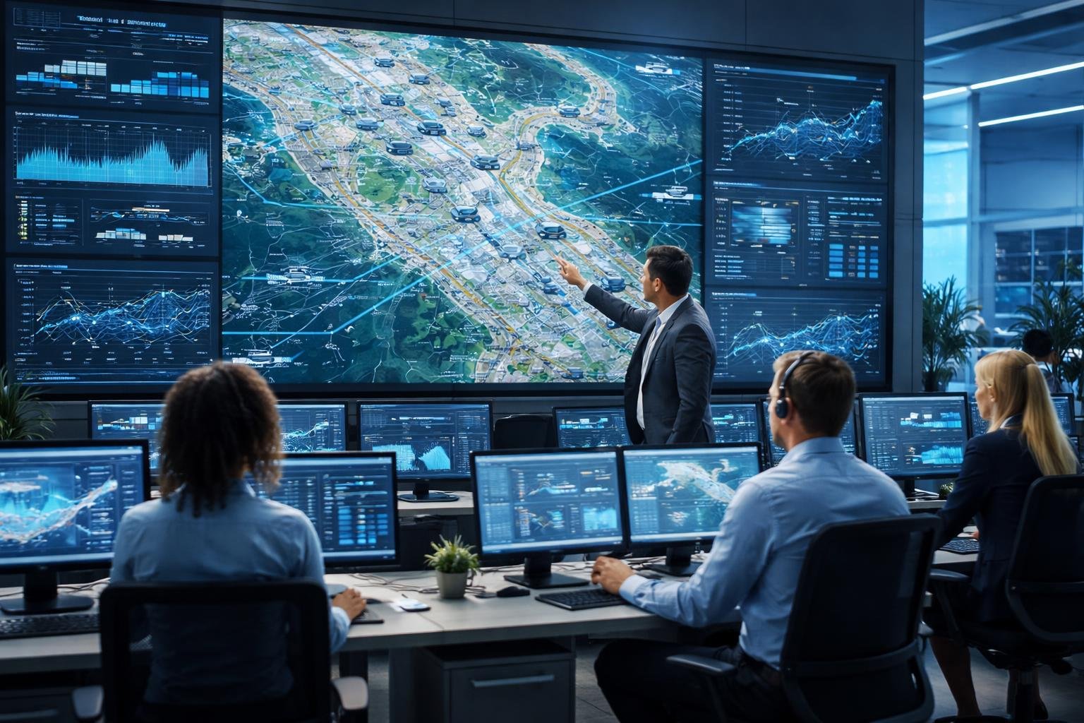 A team of professionals analyzing digital screens with route maps and vehicle tracking data in a modern control center.