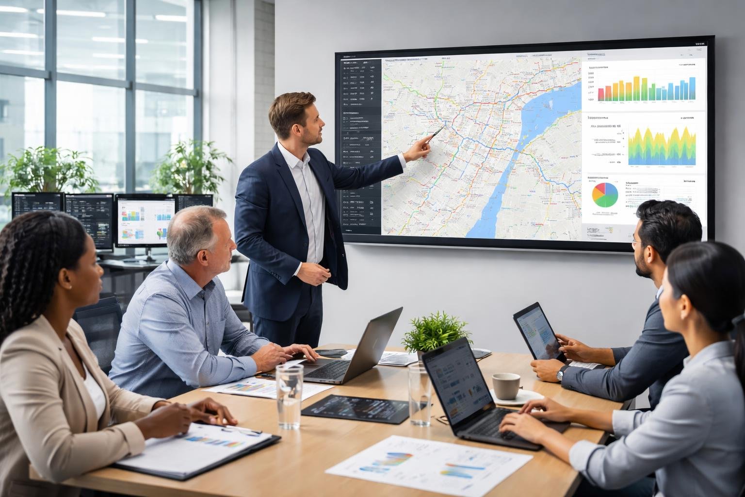 Business professionals analyzing vehicle routes and data on a large touchscreen display in a modern office.