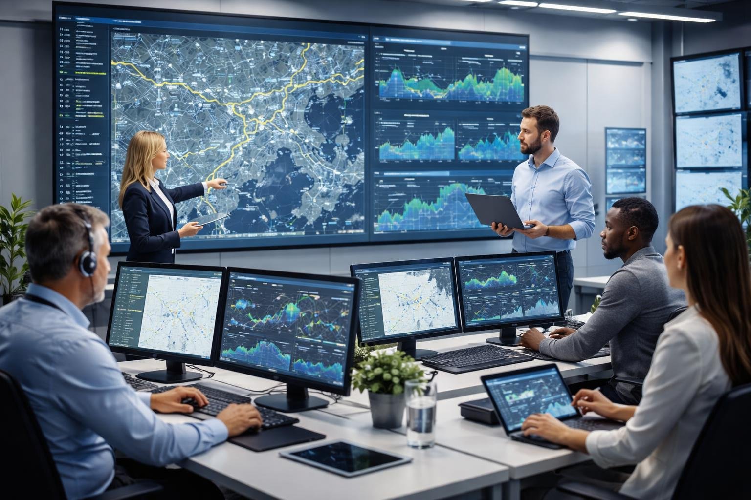 A team of professionals analyzing vehicle routes and data on large digital screens in a logistics control center.