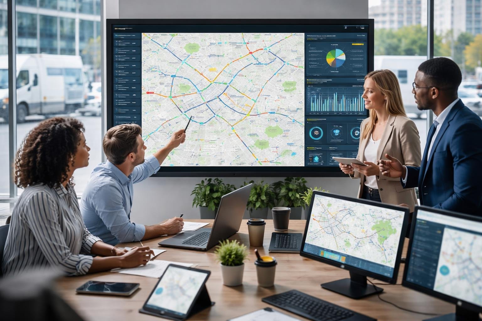 A team of professionals working together around a digital dashboard showing maps and data for fleet route monitoring in a modern office.