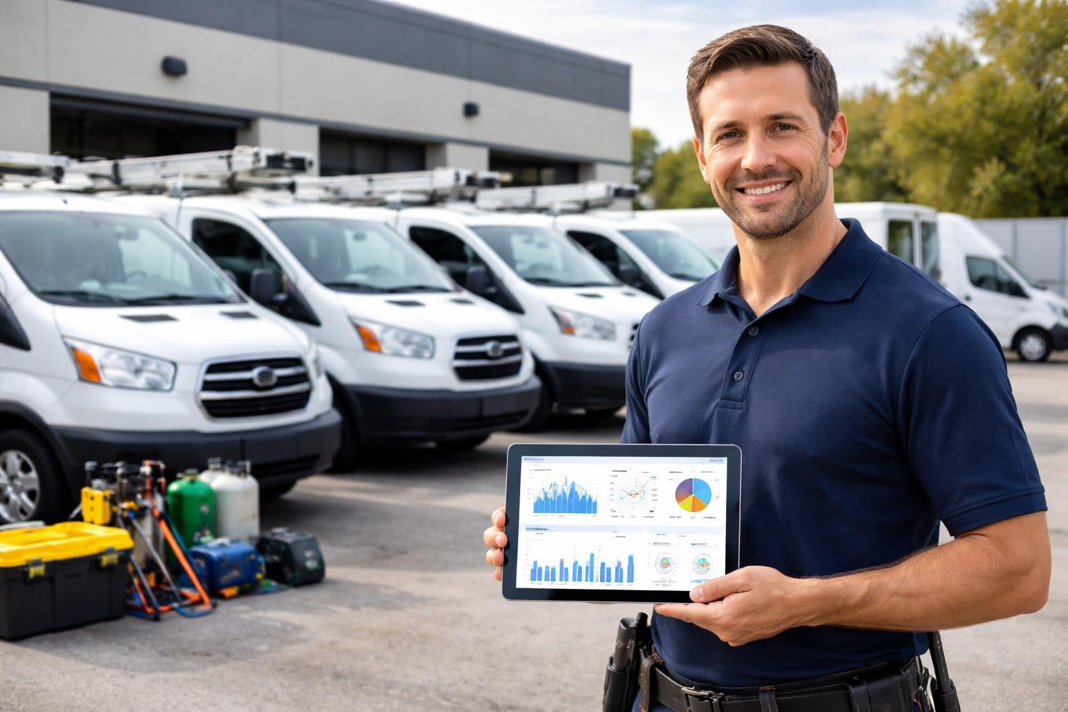 A technician holding a tablet with data stands near a fleet of HVAC service vans parked outside a commercial building.