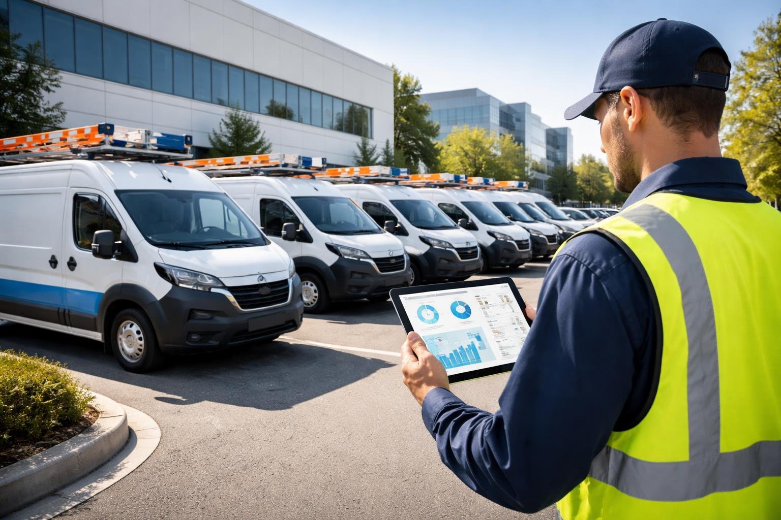 Technician using a tablet near a row of HVAC service vans parked outside a commercial building.