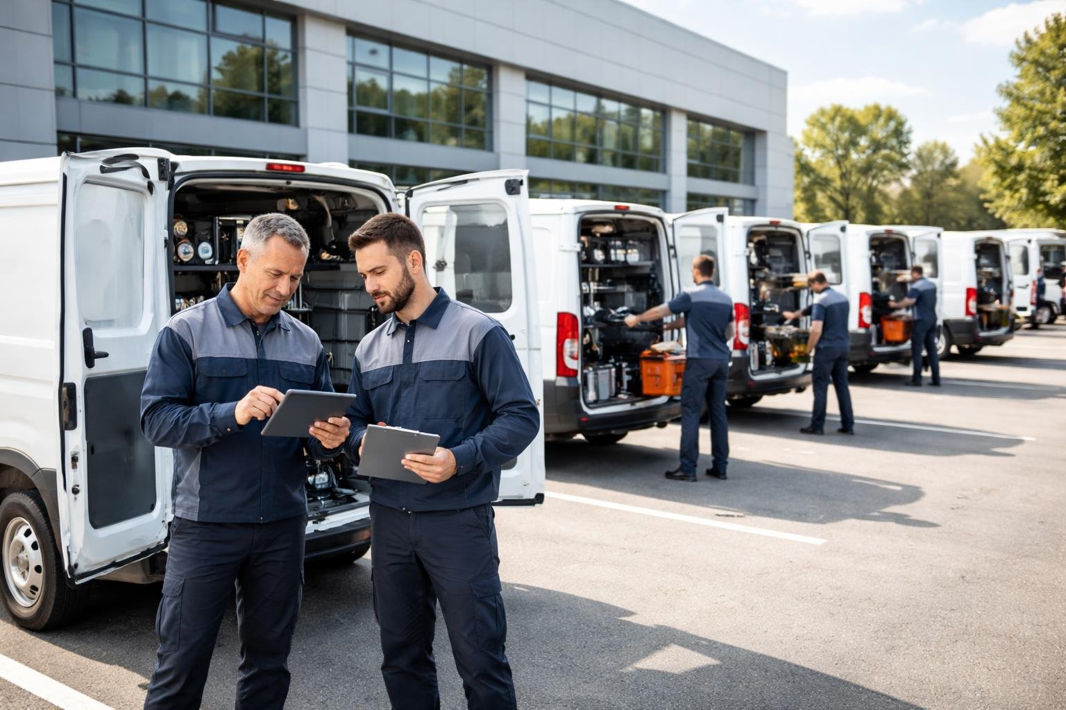 A row of HVAC service vans parked outside a commercial building with technicians checking equipment and using tablets.