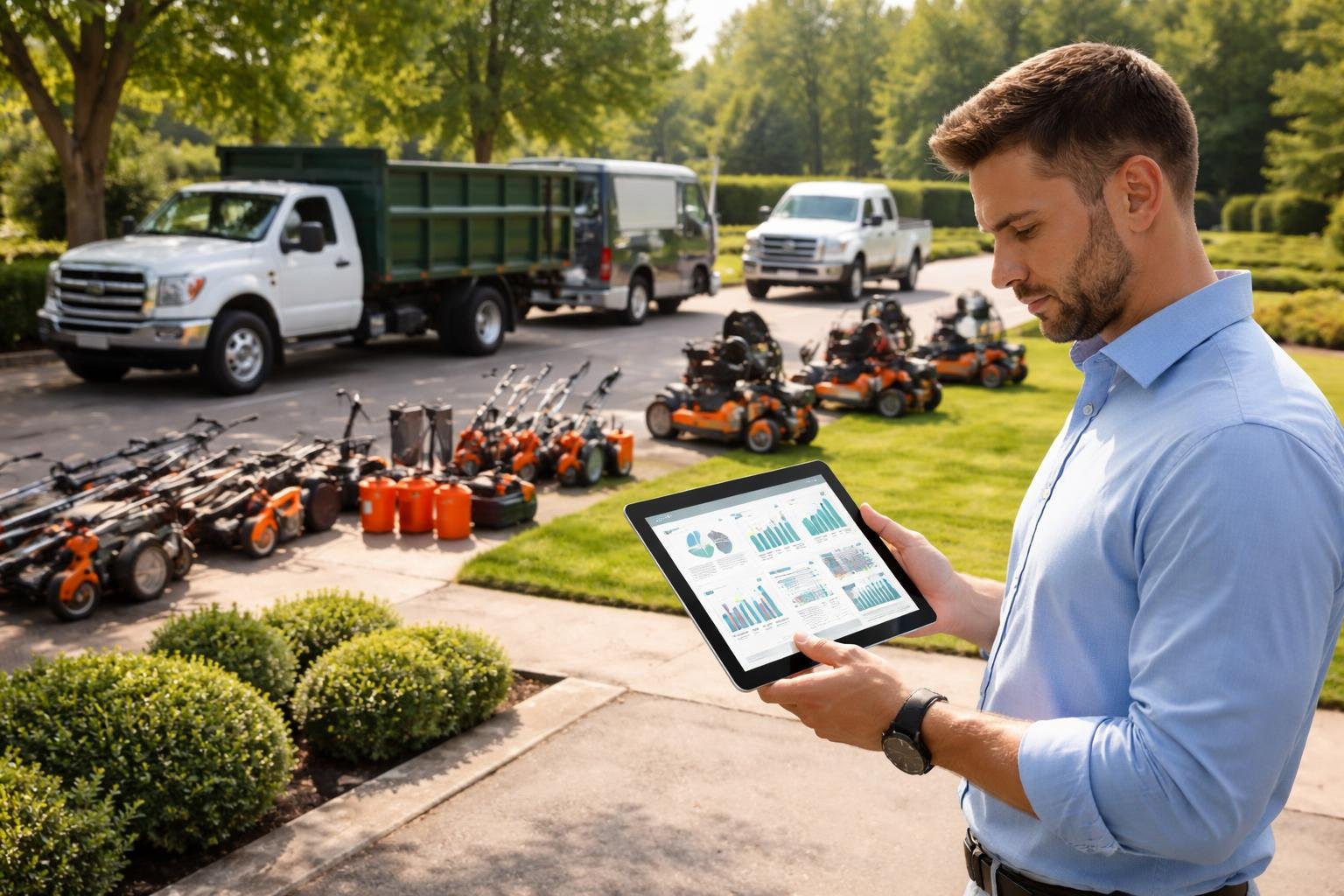 A fleet manager reviewing performance data on a tablet near landscaping vehicles and equipment parked outside on a green lawn.