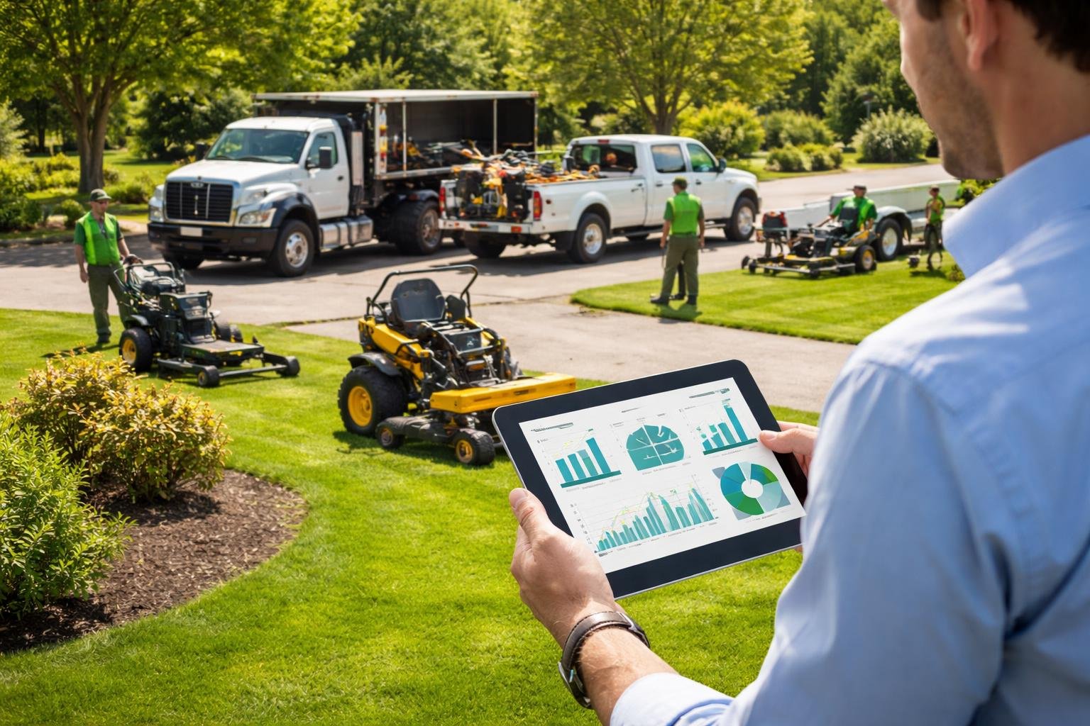 A landscaping fleet with vehicles and equipment on a green lawn, and a person holding a tablet showing performance charts.