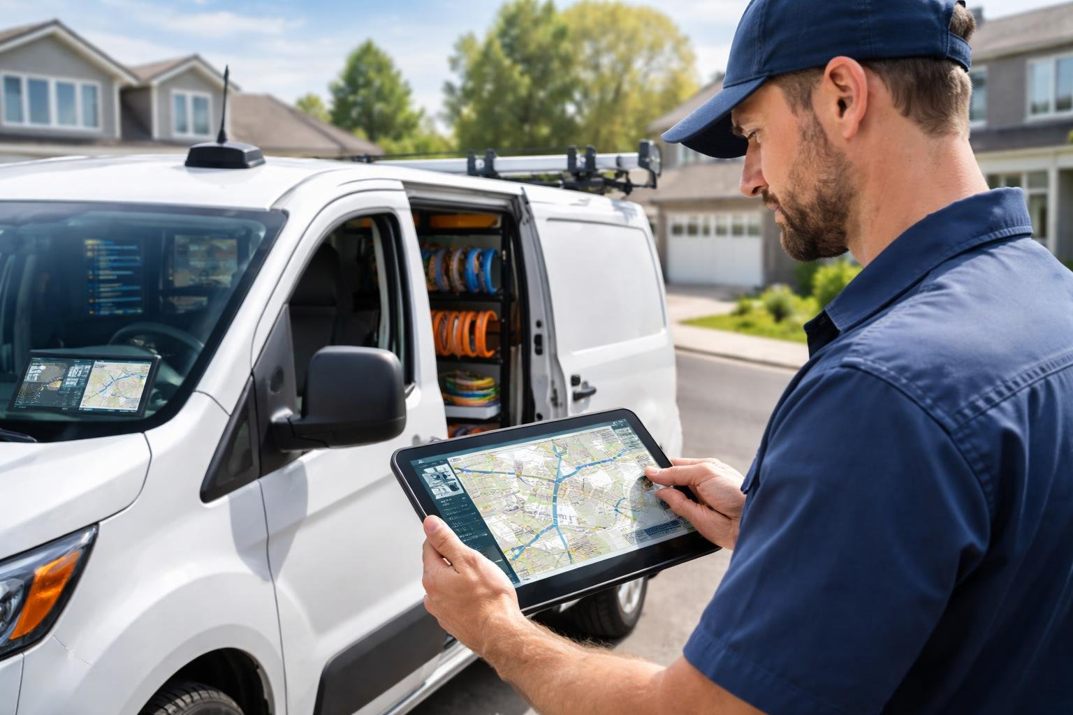 A plumber standing next to a plumbing service van using a tablet showing vehicle location and data in a residential neighborhood.
