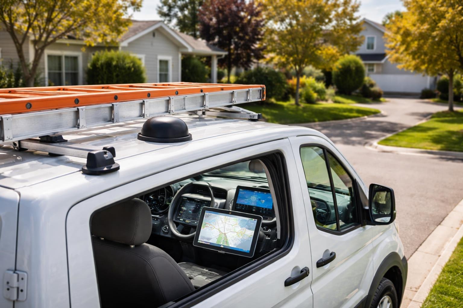 A plumbing service van parked on a suburban street with digital devices visible inside the vehicle.