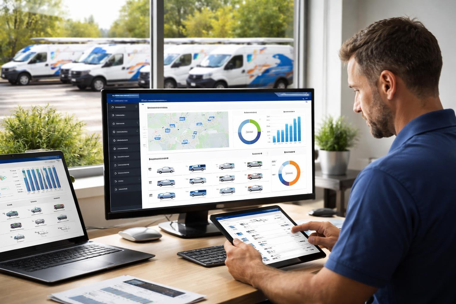 A technician reviews maintenance schedules on a tablet in an office with HVAC service vans visible outside through a window.