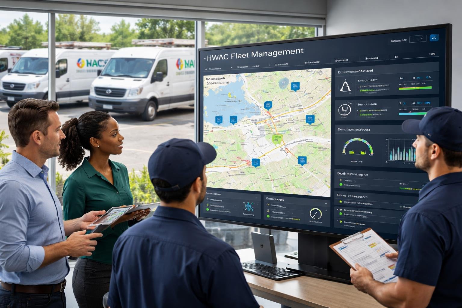 Technicians and managers reviewing HVAC fleet maintenance data on a large digital display with HVAC service vans parked outside.