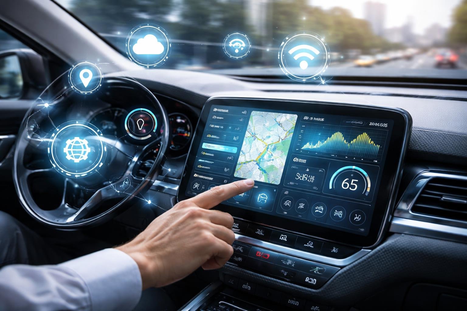 A vehicle dashboard with a digital touchscreen displaying real-time telematics data and a hand interacting with the screen, with a blurred city background.