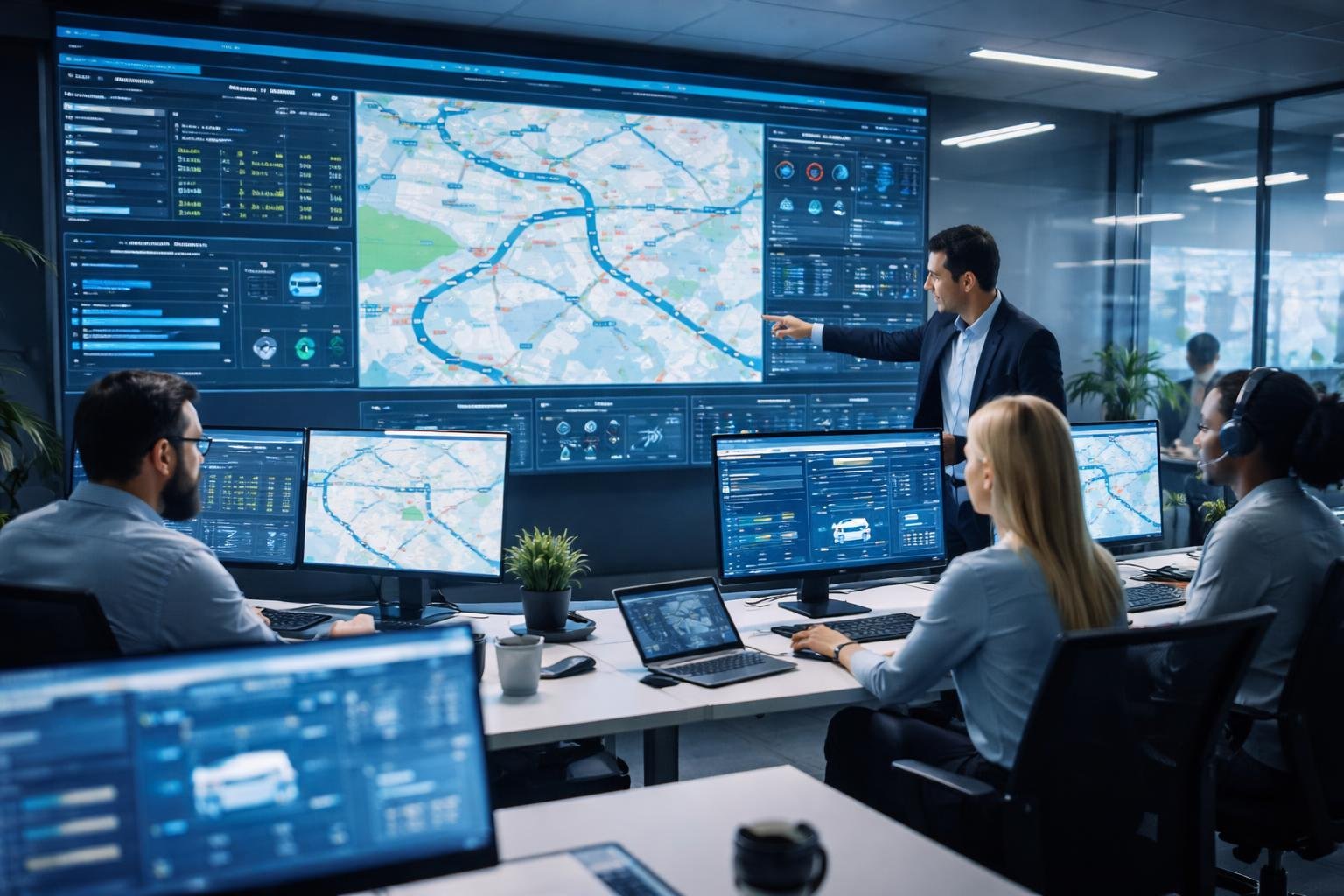 Professionals in a modern office monitoring vehicle data on multiple digital screens showing maps and analytics.