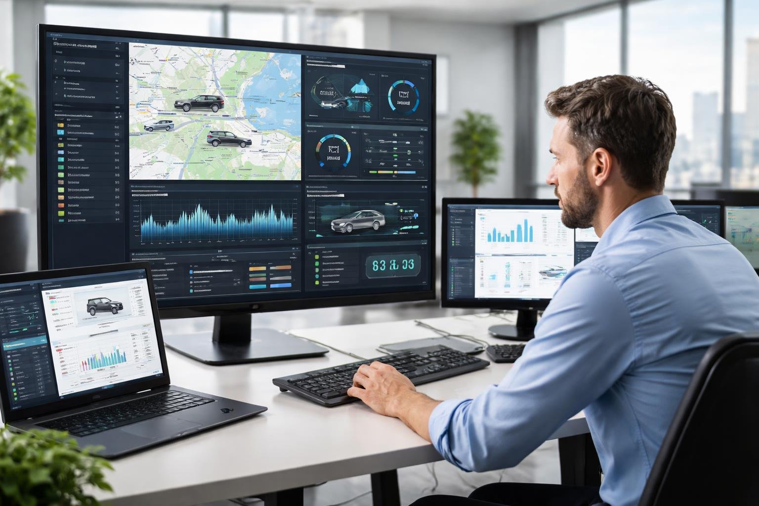 A professional working at a computer with multiple screens showing vehicle data and maps in a modern office environment.